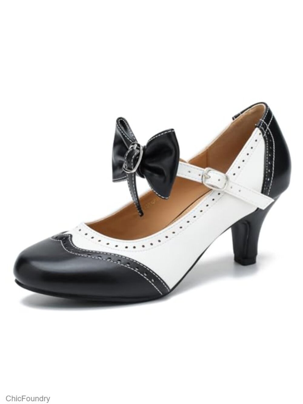Women's Vintage Mary Jane Heels Kitten Heel PU Round Toe Bow Pumps Dress Shoes